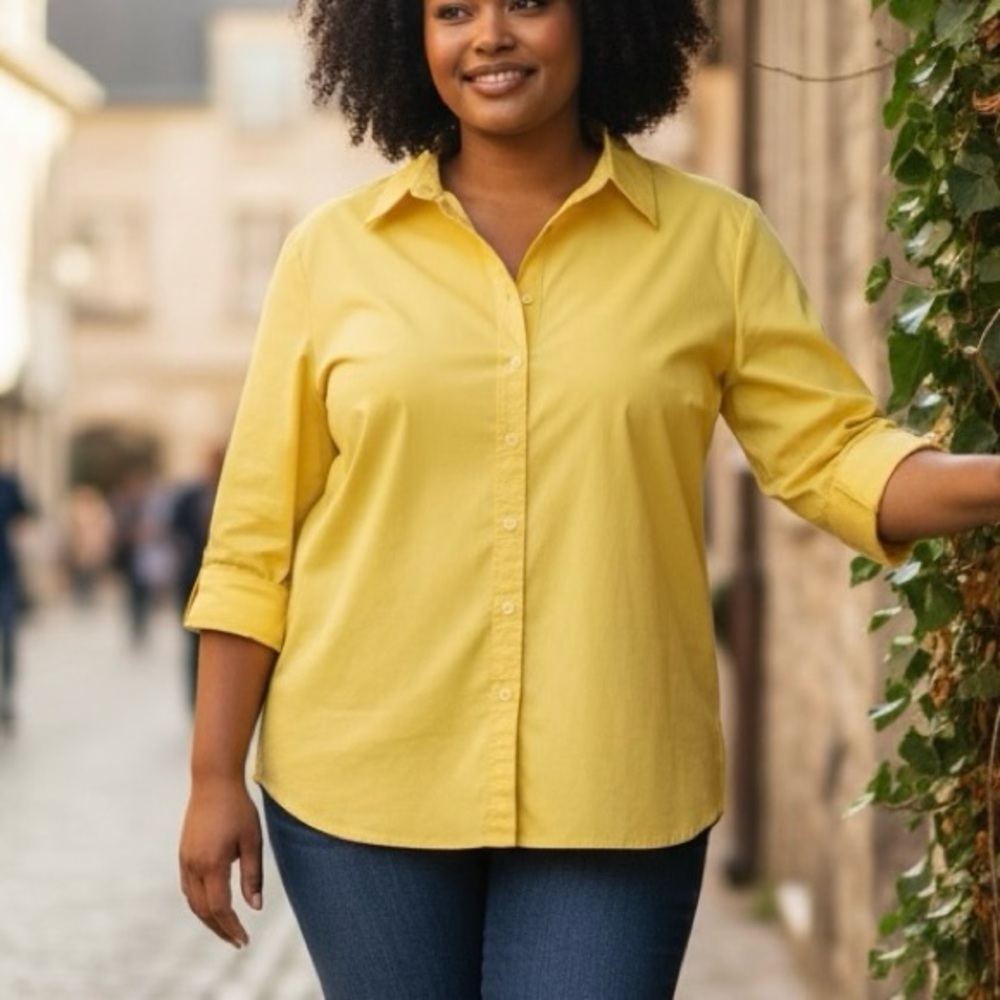 KIM ROGERS Women's plus size 3X  Yellow Button Down Shirt